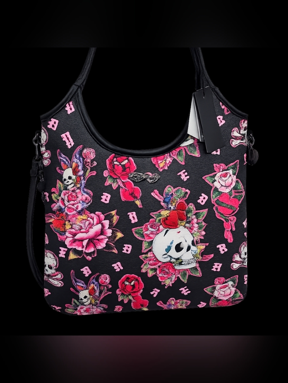 Ed Hardy Black Shoulder Bag with Pink & Red Floral Skull Print